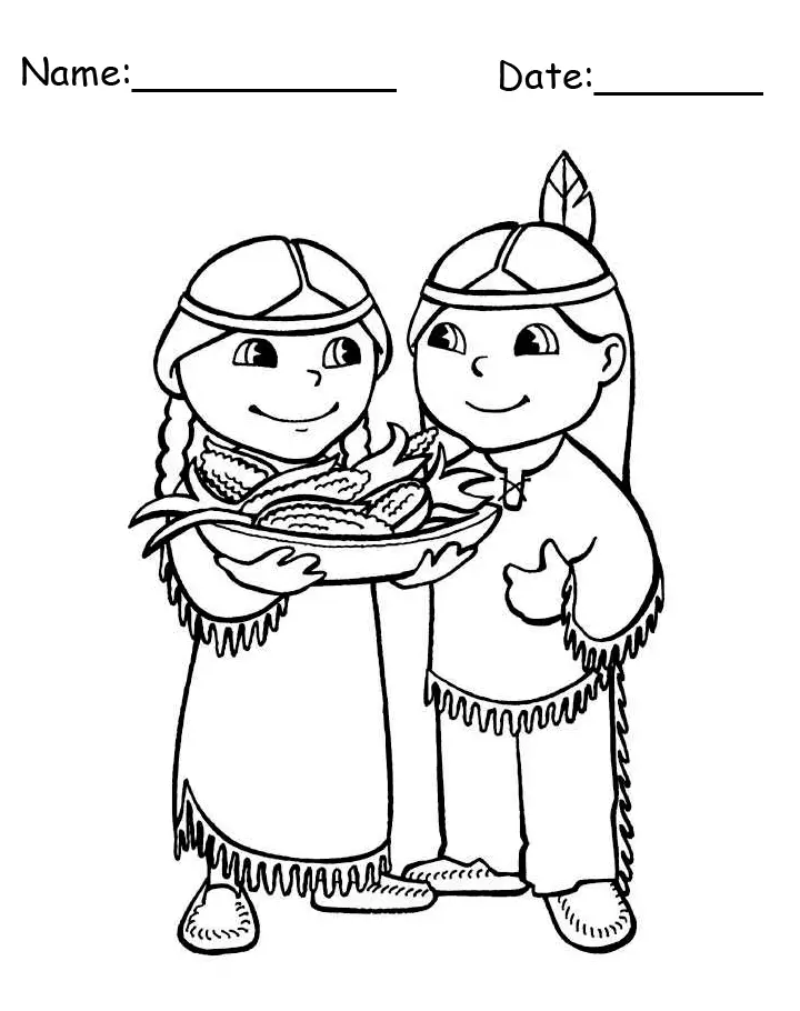 Printable Pilgrim Girl and Indian Boy Thanksgiving Coloring Page