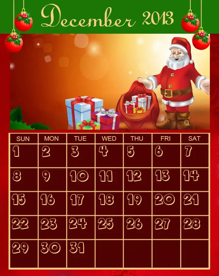 Santa Claus December Printable Calendar Template