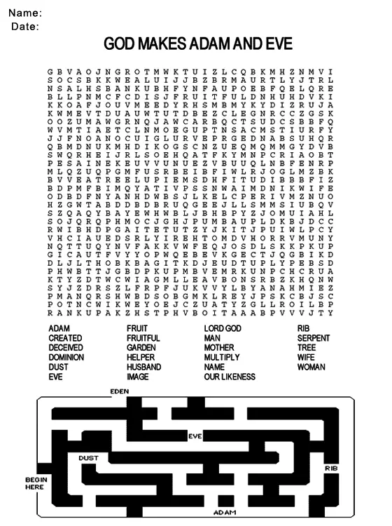 Adam And Eve Word Search Printable Free