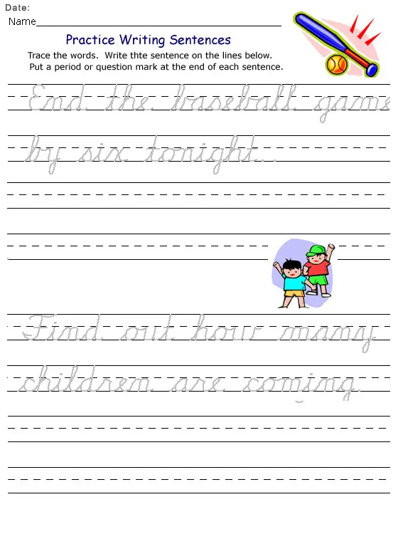 Printable Baseball Cursive Kids Worksheets